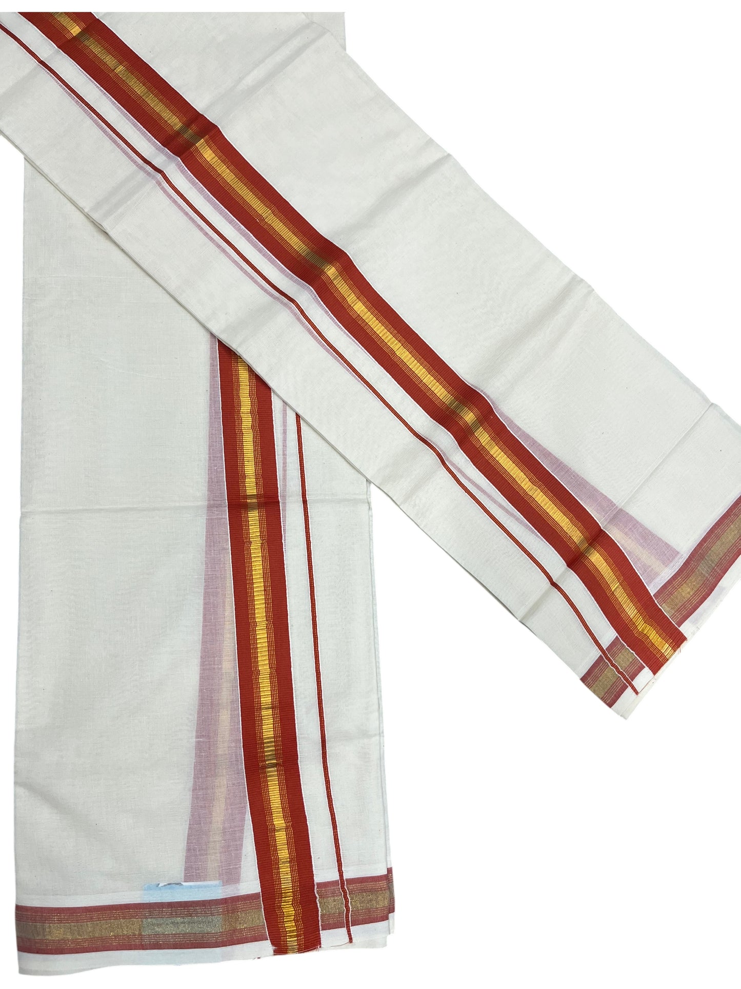 Southloom Kerala Cotton Single Set Mundu (Mundum Neriyathum) with Kasavu and Orange Border SLKK