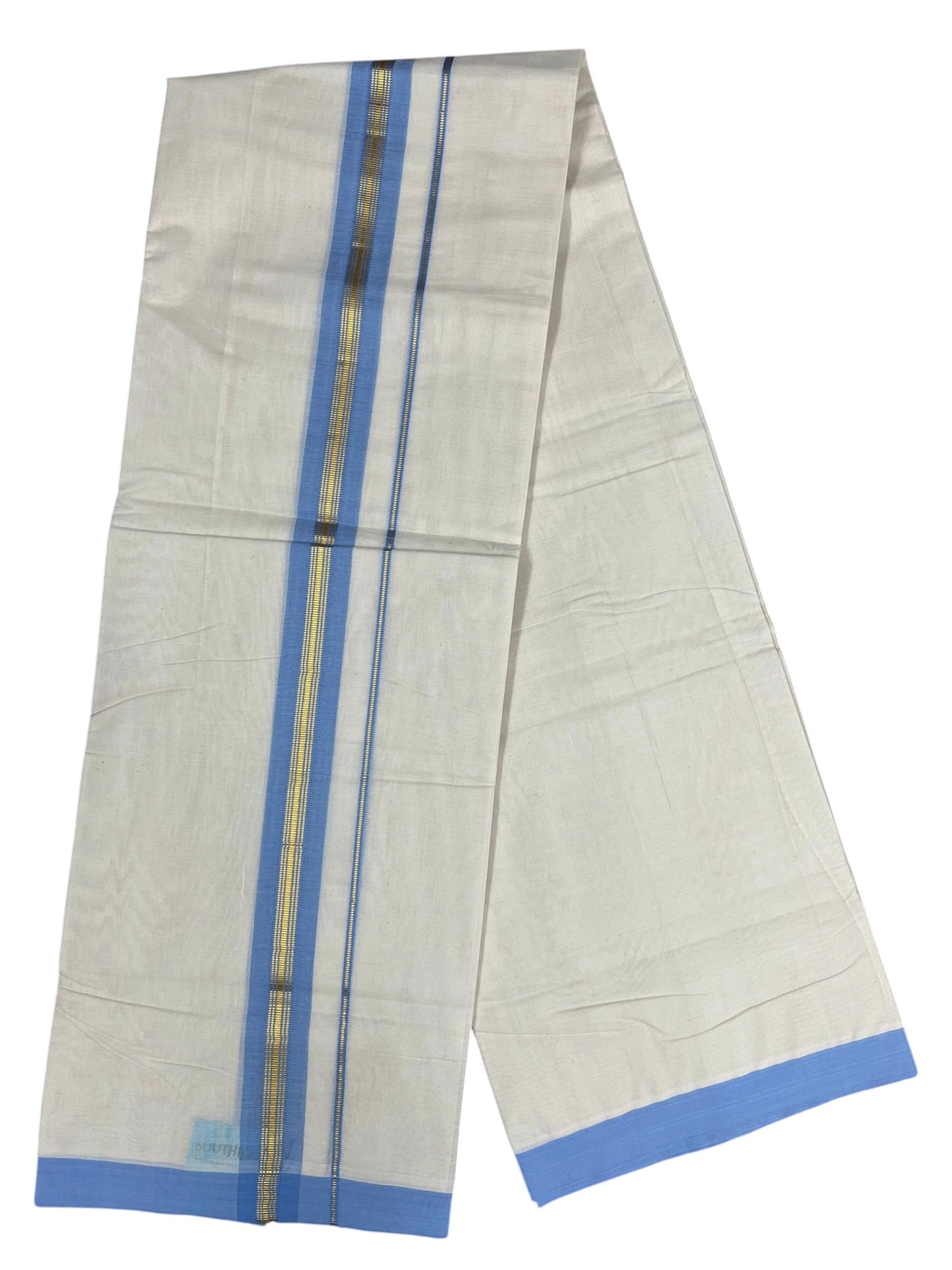 Southloom Pure Cotton Mundu with Gold Lines and Blue Border (South Indian Kerala Dhoti)