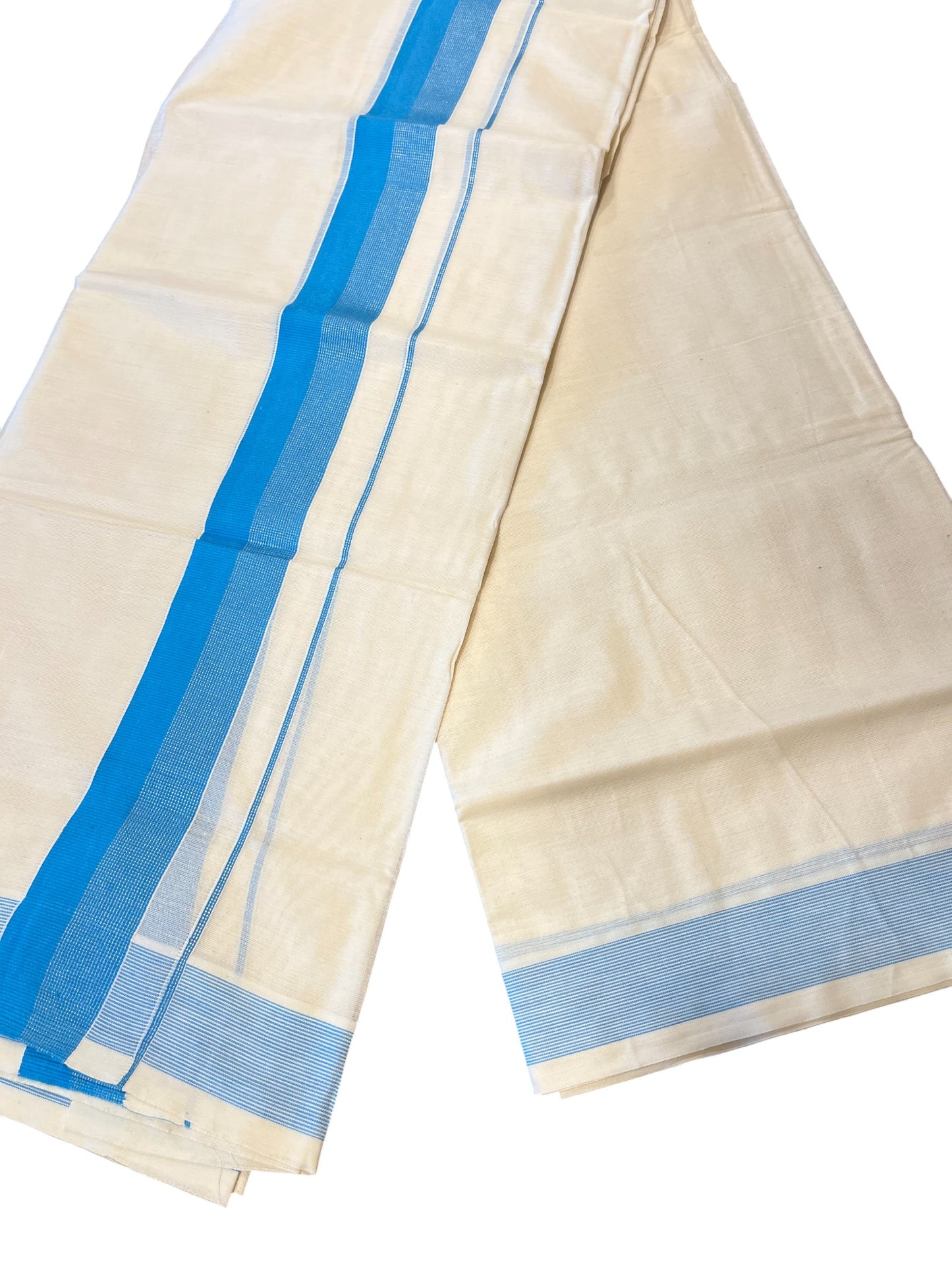 Southloom Kerala Pure Cotton Double Mundu with Silver Lines & Blue Border (South Indian Dhoti)