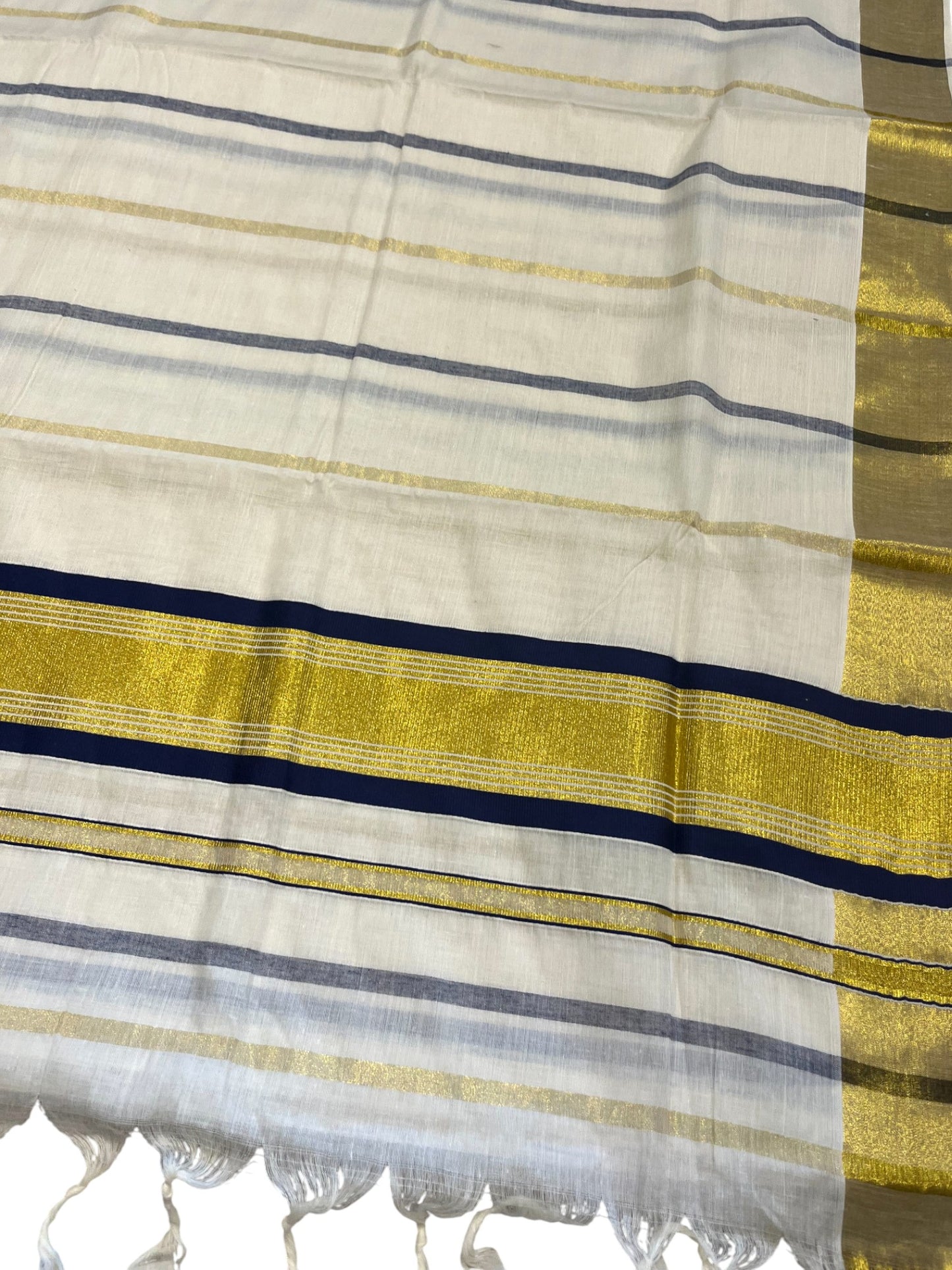 Southloom Kerala Cotton Kasavu Saree with Gold And Blue Lines on Body