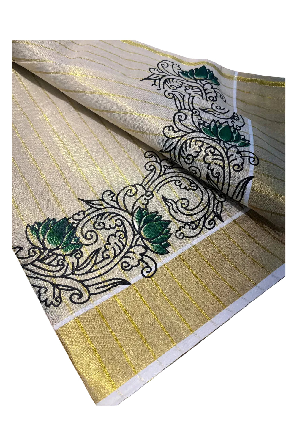 Kerala Tissue Single Set Mundu (Mundum Neriyathum) with Green Lotus Block Printed Design 2.80Mtr
