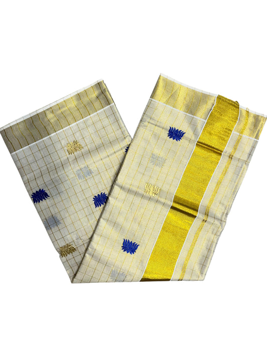 Southloom Kerala Tissue Kasavu Check Saree with Blue Lotus Embroidery Works