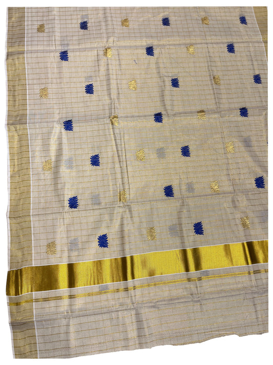 Southloom Kerala Tissue Kasavu Check Saree with Blue Lotus Embroidery Works