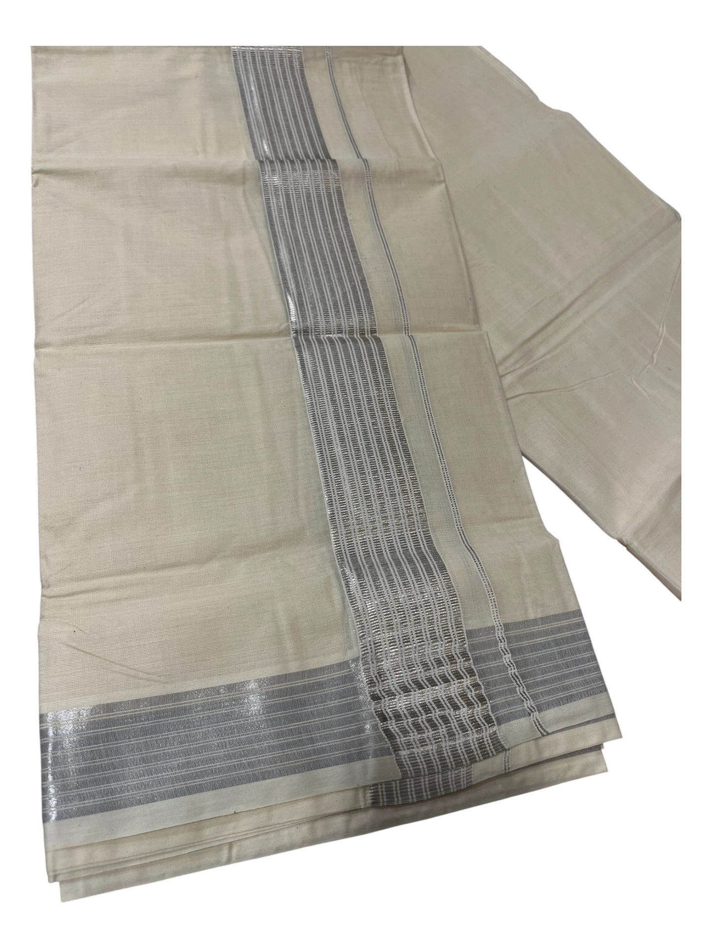 Southloom Pure Cotton Double Mundu With Silver Lines & Silver Kasavu Border (South Indian Kerala Dhoti)