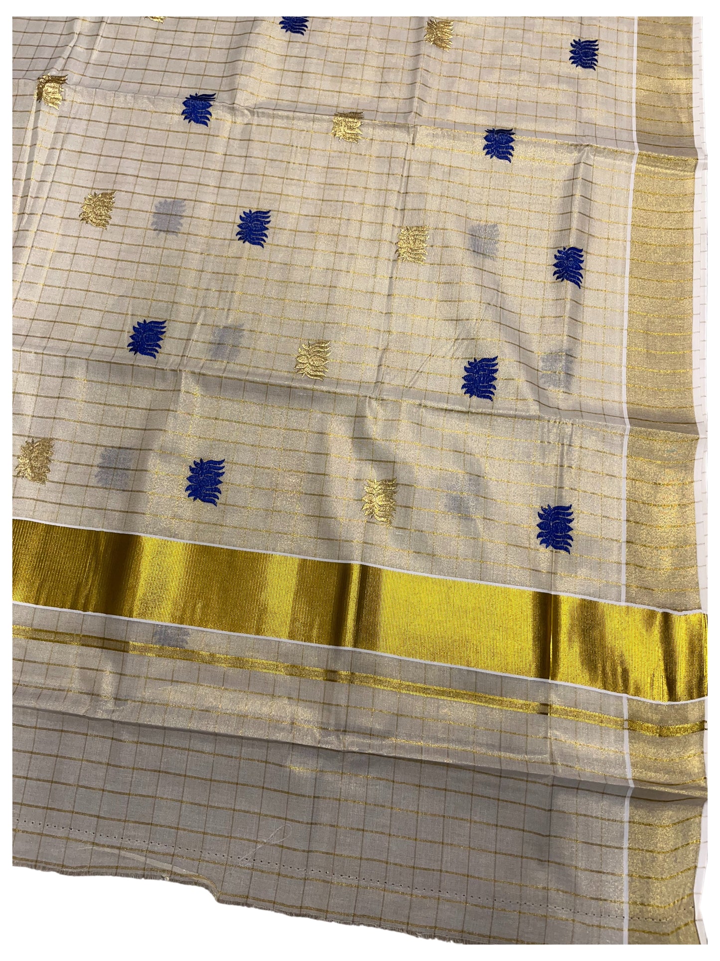 Southloom Kerala Tissue Kasavu Check Saree with Blue Lotus Embroidery Works