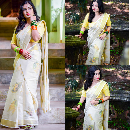 Kerala Tissue Digital Print Single Set Mundu (Mundum Neriyathum) with Floral Design