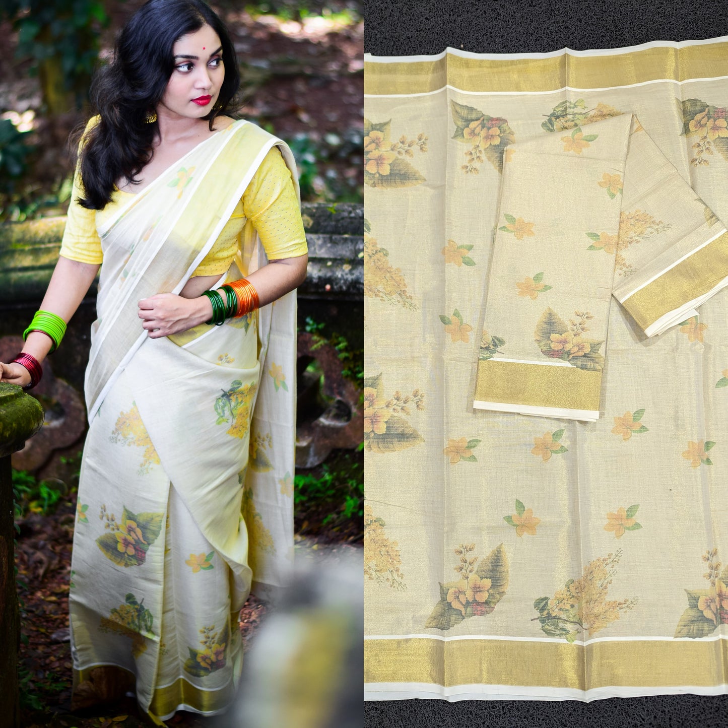 Kerala Tissue Digital Print Single Set Mundu (Mundum Neriyathum) with Floral Design