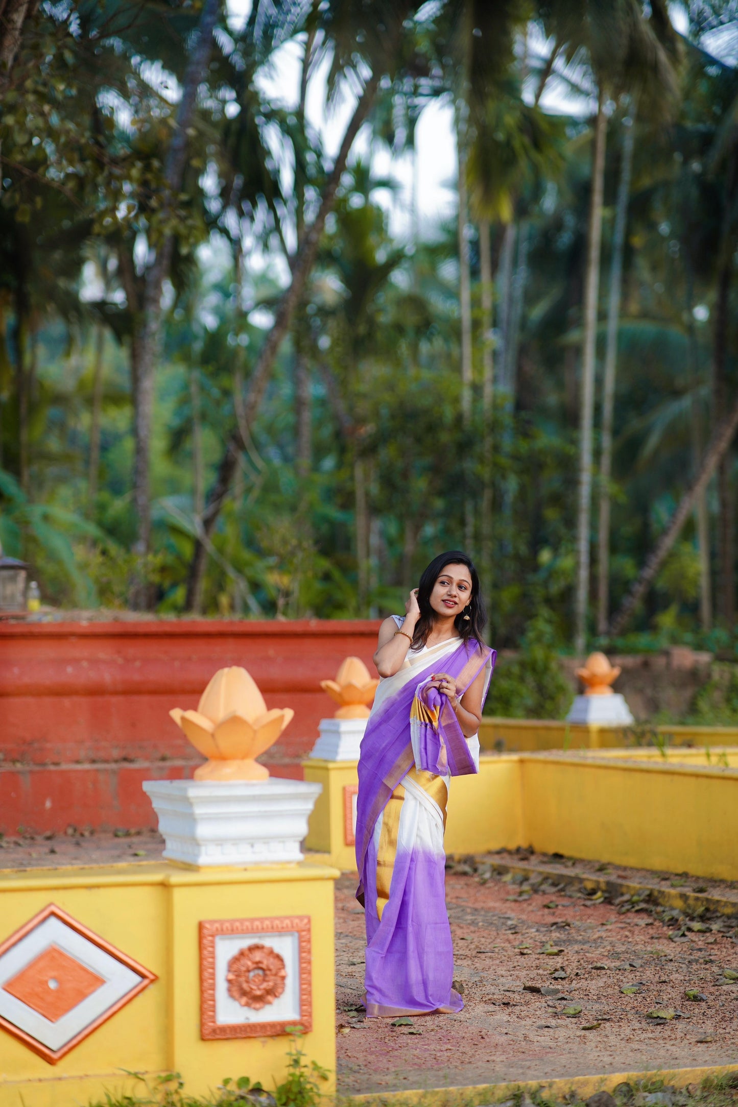 Southloom Tie & Dye - Half & Half Multi Colour Lavender Design Set Mundu (Mundum Neriyathum) with Super Soft Cotton 2.80 Meter