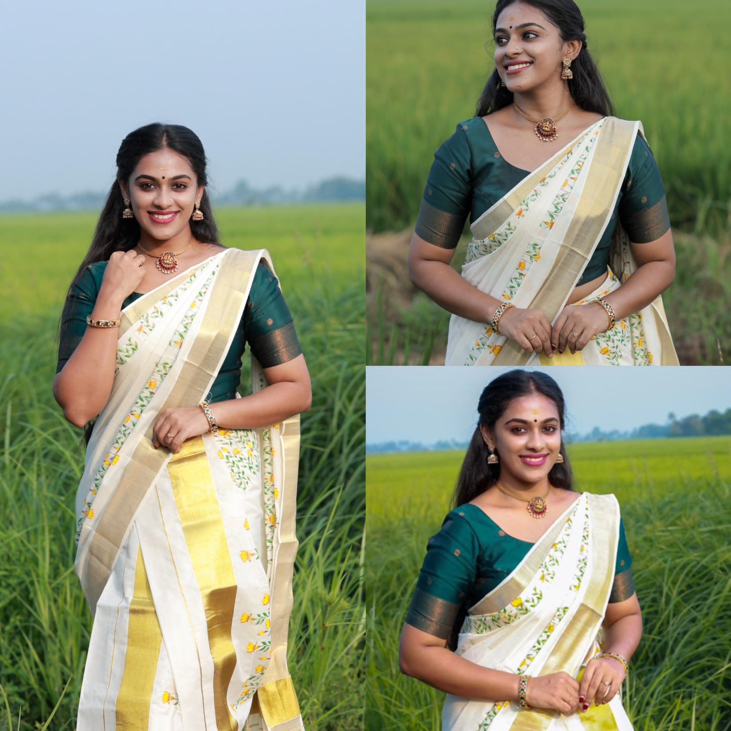 Kerala Cotton Single Set Mundu (Mundum Neriyathum) with Yellow Orange And Green Floral Block Printed Design 2.80Mtrs