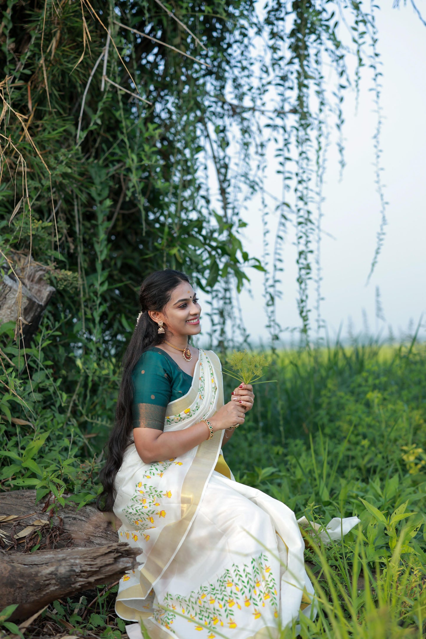 Kerala Cotton Single Set Mundu (Mundum Neriyathum) with Yellow Orange And Green Floral Block Printed Design 2.80Mtrs