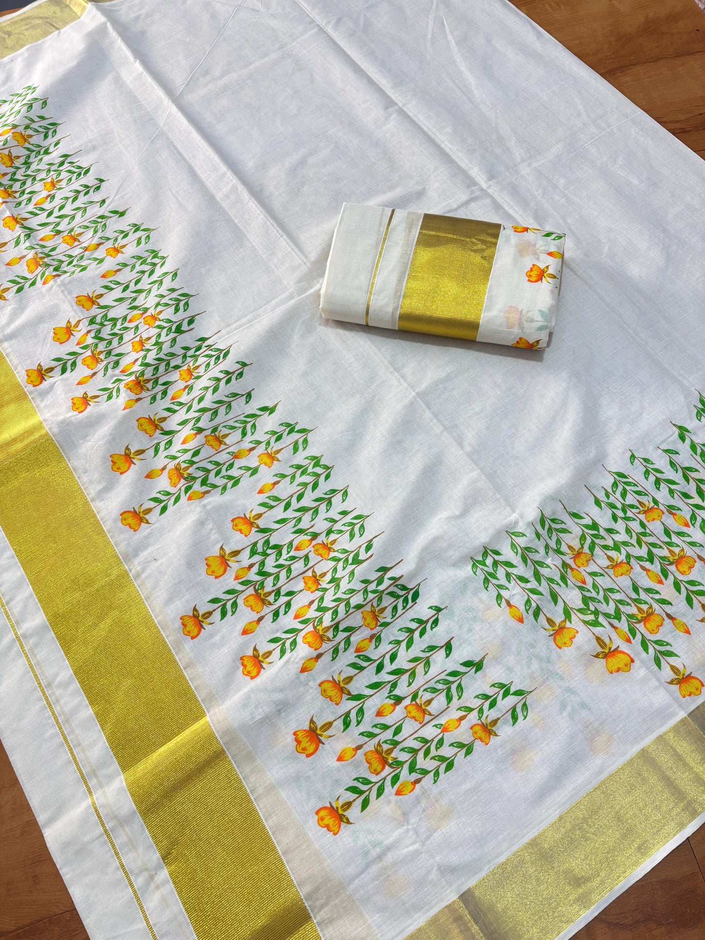 Kerala Cotton Single Set Mundu (Mundum Neriyathum) with Yellow Orange And Green Floral Block Printed Design 2.80Mtrs