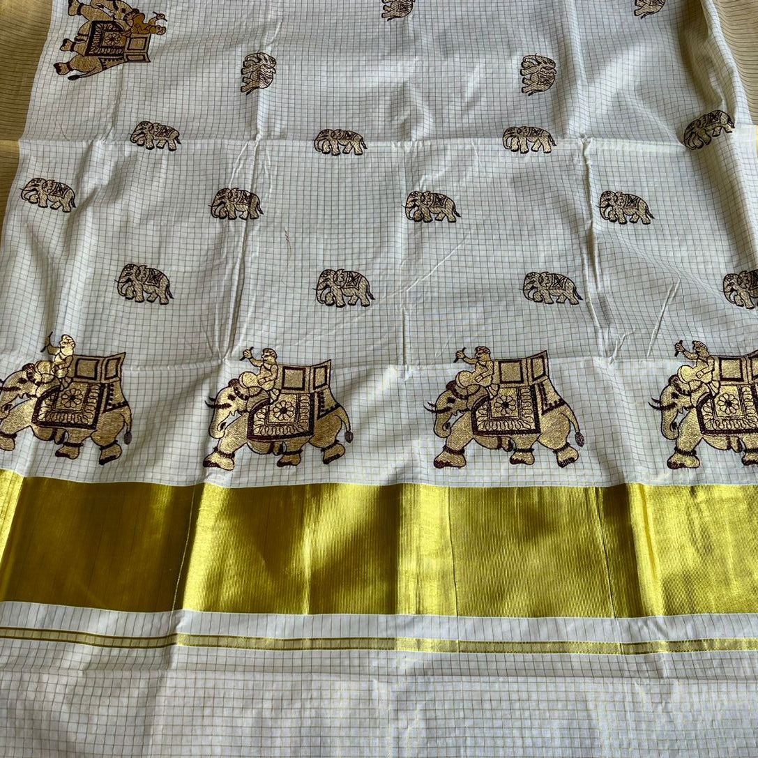 Kerala Cotton Kasavu Saree With Brown Elephant Embroidery Work SL171