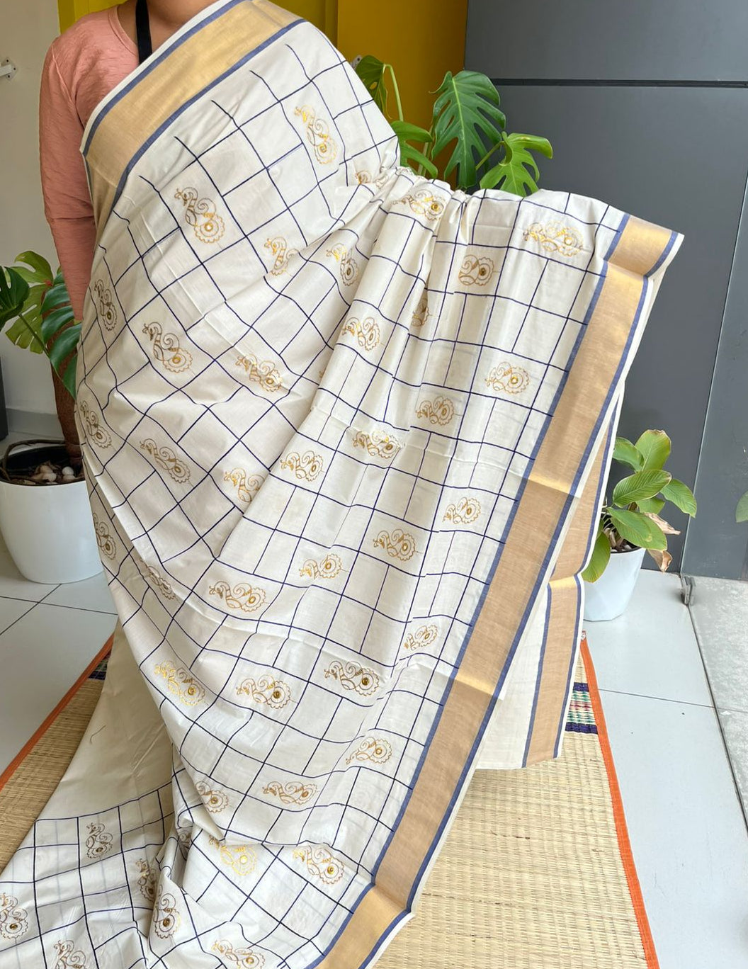 Kerala Cotton Blue Saree With Embroidery Work SL197