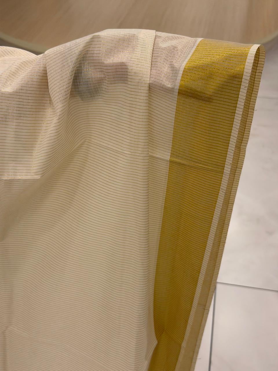 Kerala Cotton Lines Saree With Golden Kasavu Border SL255
