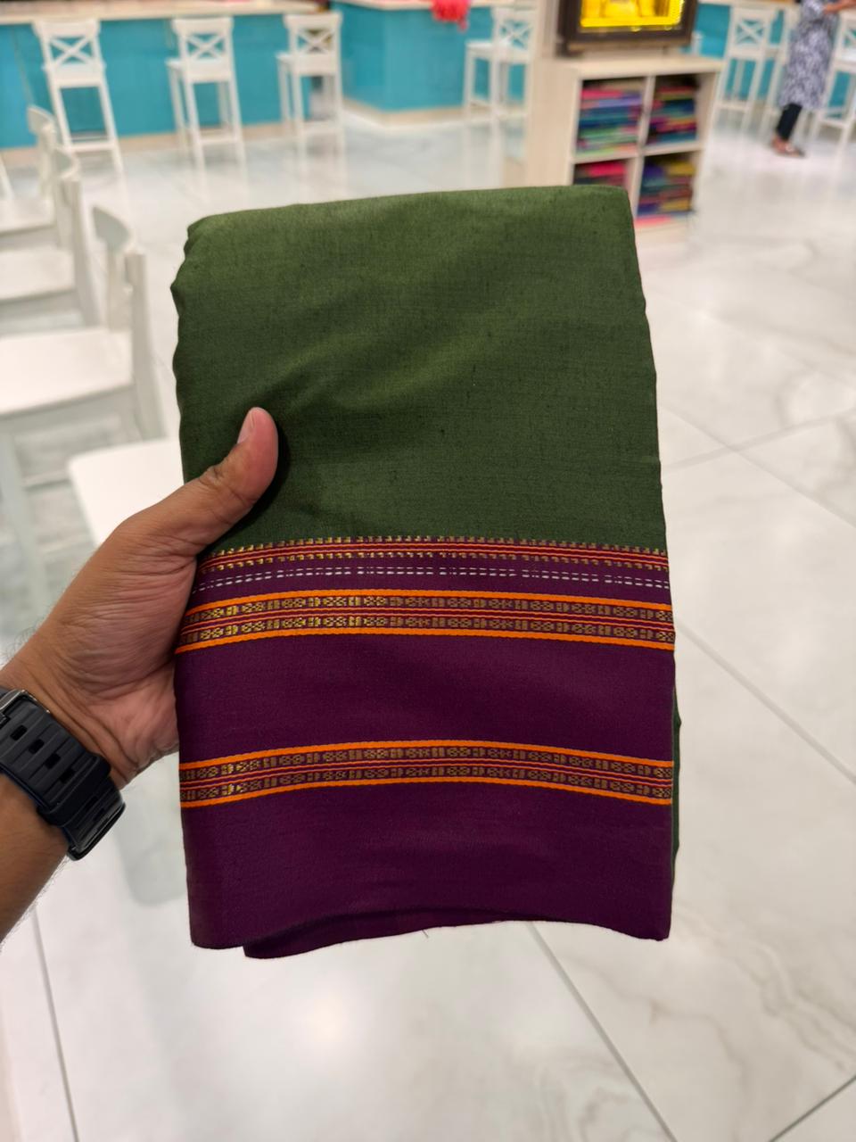 Southloom Gadwal Border Cotton Base Narayanpet Saree with in OliveGreen and Purple SL265