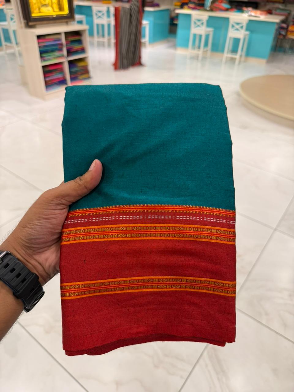 Southloom Gadwal Border Cotton Base Narayanpet Saree with in Teal Green and Red SL265