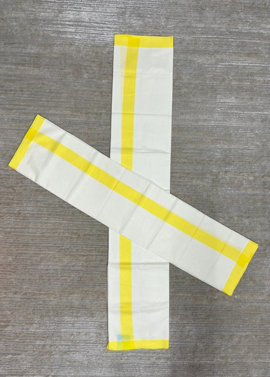 Southloom Pure Cotton Kerala Single Mulloth Set Mundu (Mundum Neriyathum) Yellow Border in 2.80 mtrs SL270
