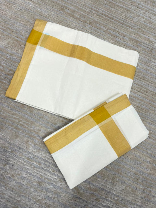 Southloom Pure Cotton Kerala Single Mulloth Set Mundu (Mundum Neriyathum) Mustard Yellow Border in 2.80 mtrs SL270