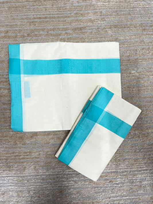 Southloom Pure Cotton Kerala Single Mulloth Set Mundu (Mundum Neriyathum) Turquoise Border in 2.80 mtrs SL270