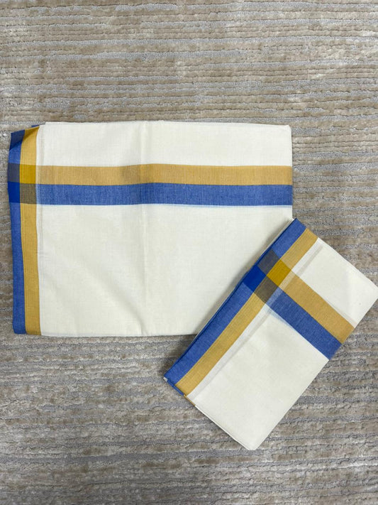 Southloom Pure Cotton Kerala Single Mulloth Set Mundu (Mundum Neriyathum) Blue And Mustard Yellow Border in 2.80 mtrs SL243