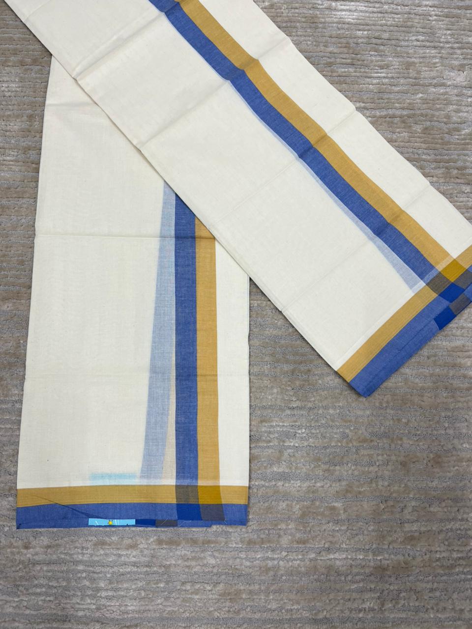 Southloom Pure Cotton Kerala Single Mulloth Set Mundu (Mundum Neriyathum) Blue And Mustard Yellow Border in 2.80 mtrs SL243