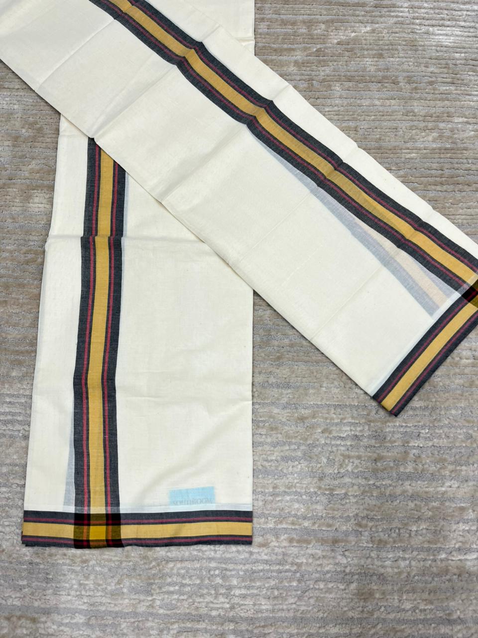 Southloom Pure Cotton Kerala Single Mulloth Set Mundu (Mundum Neriyathum) Black And Yellow Border in 2.80 mtrs SL243