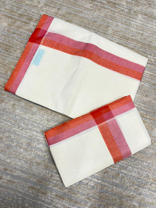 Southloom Pure Cotton Kerala Single Mulloth Set Mundu (Mundum Neriyathum) Peach And Orange Border in 2.80 mtrs SL243