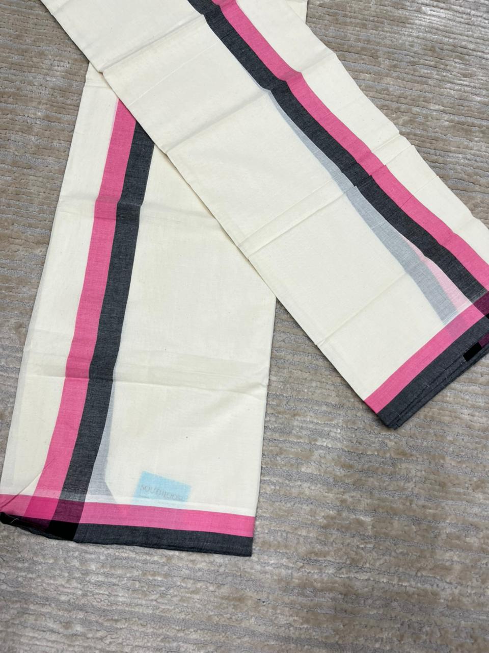 Southloom Pure Cotton Kerala Single Mulloth Set Mundu (Mundum Neriyathum) Pink And Black Border in 2.80 mtrs SL243