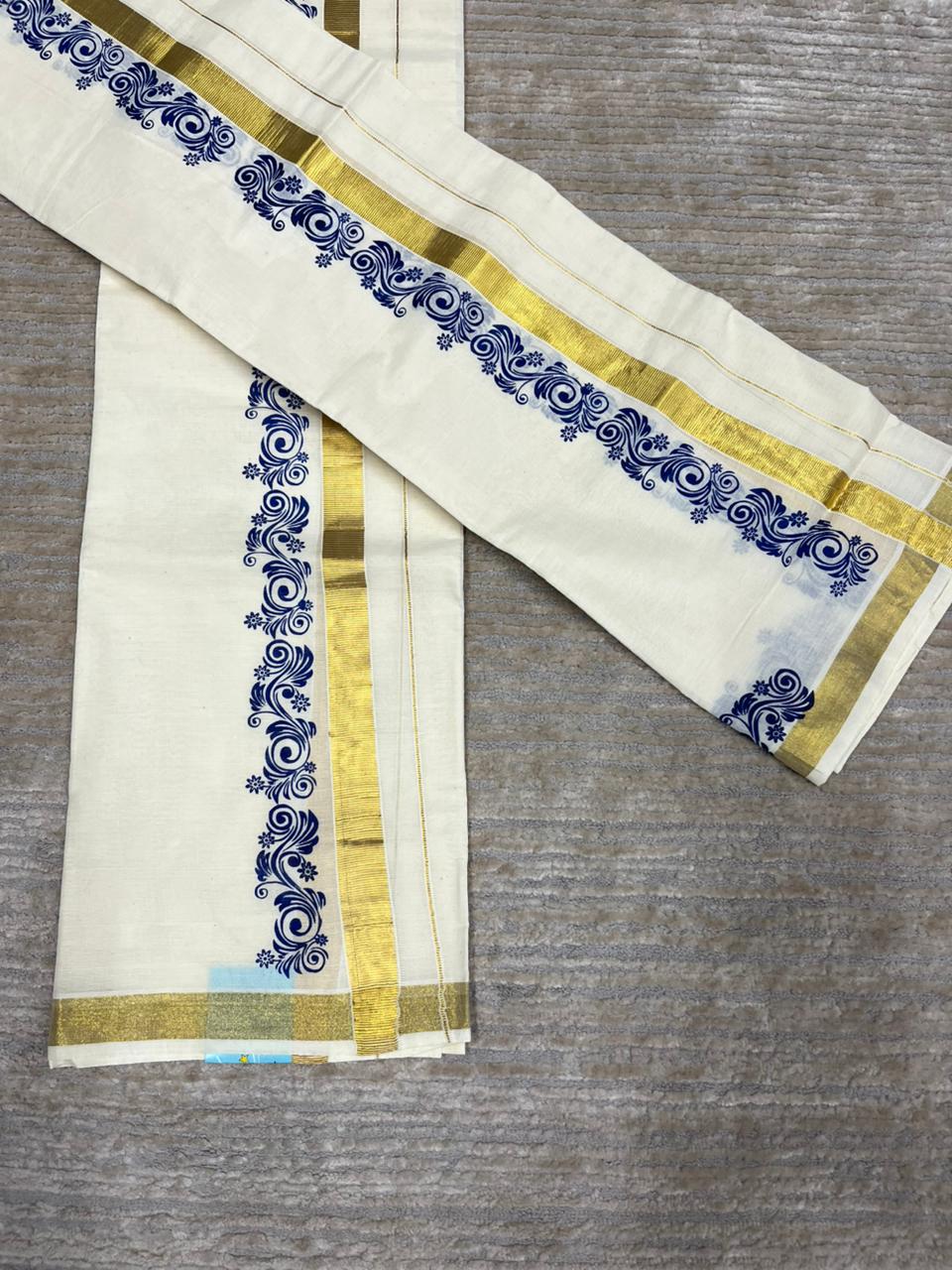 Southloom Pure Cotton Kerala Single Floral Print Set Mundu (Mundum Neriyathum) Blue Border in 2.80 mtrs SL245