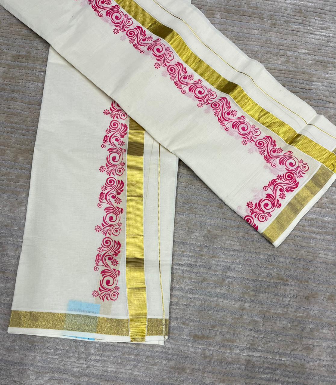 Southloom Pure Cotton Kerala Single Floral Print Set Mundu (Mundum Neriyathum) Pink Border in 2.80 mtrs SL245
