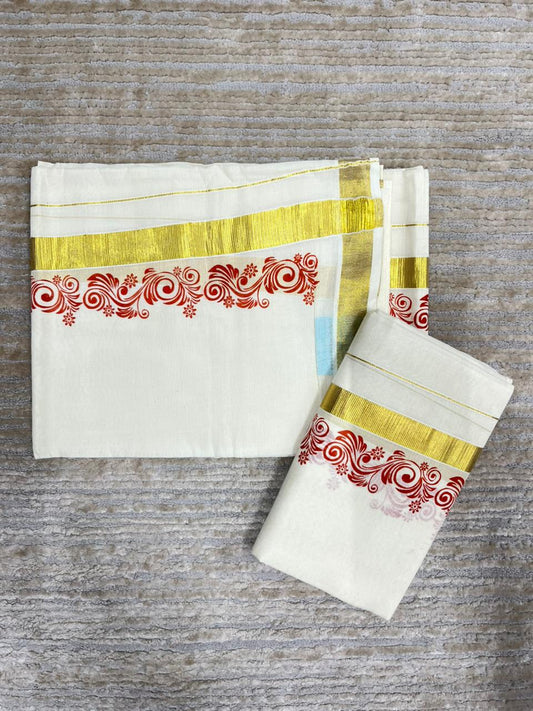 Southloom Pure Cotton Kerala Single Floral Print Set Mundu (Mundum Neriyathum) Orange Border in 2.80 mtrs SL245