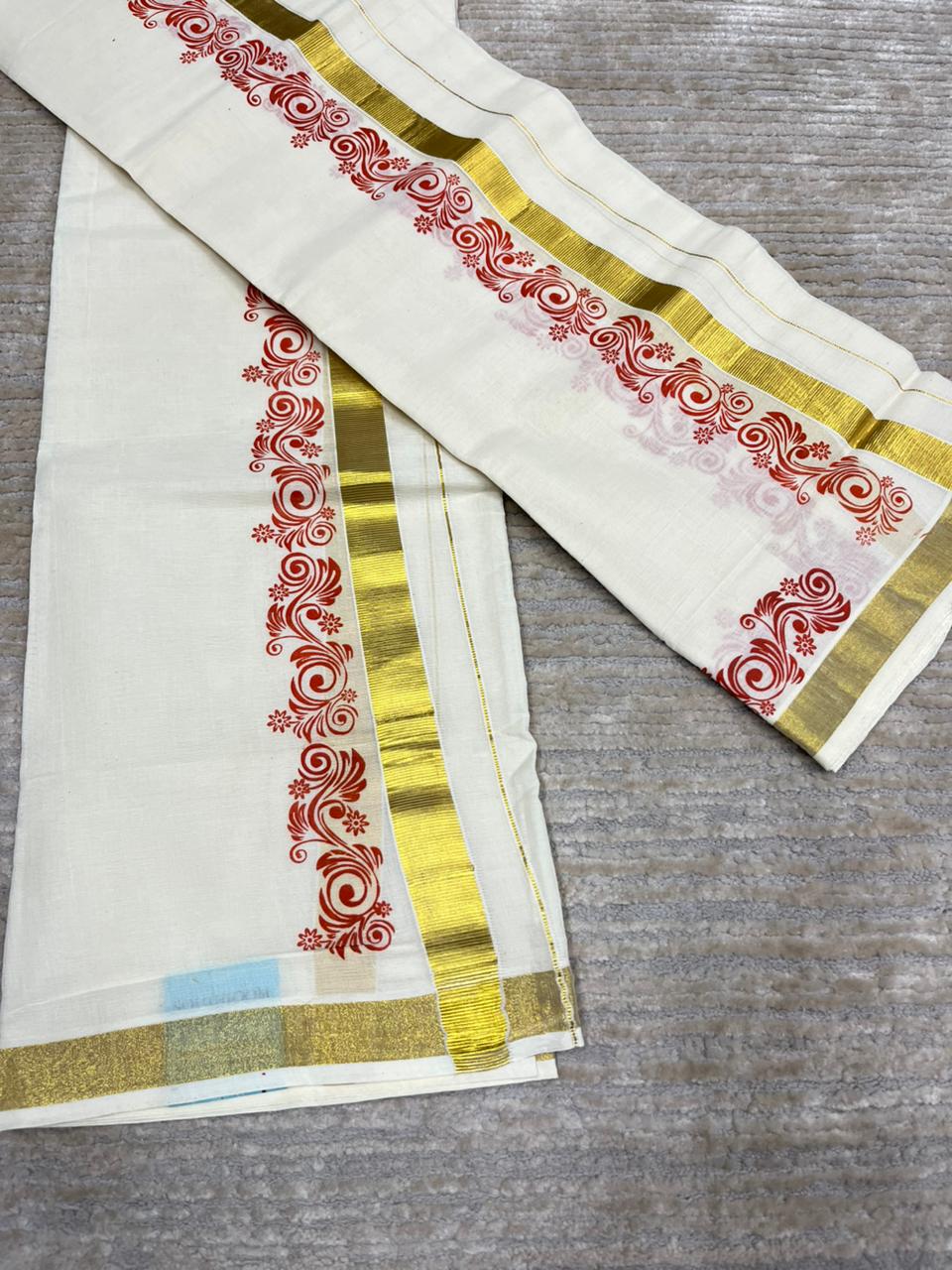 Southloom Pure Cotton Kerala Single Floral Print Set Mundu (Mundum Neriyathum) Orange Border in 2.80 mtrs SL245