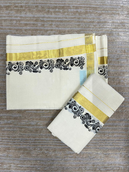 Southloom Pure Cotton Kerala Single Floral Print Set Mundu (Mundum Neriyathum) Black Border in 2.80 mtrs SL245