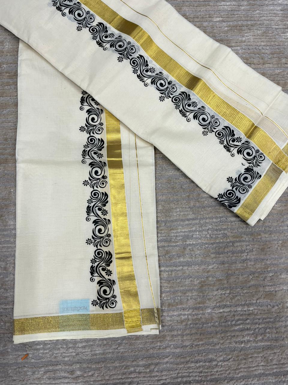 Southloom Pure Cotton Kerala Single Floral Print Set Mundu (Mundum Neriyathum) Black Border in 2.80 mtrs SL245