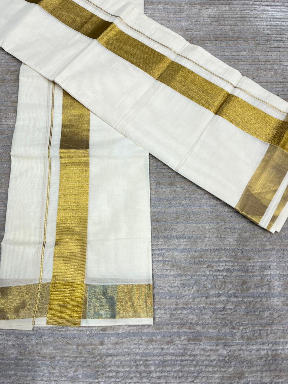 Southloom Pure Cotton Mundum Neriyathum (Set Mundu) with Gold Kasavu in 2 Inch Boarder 2.80 Mtrs