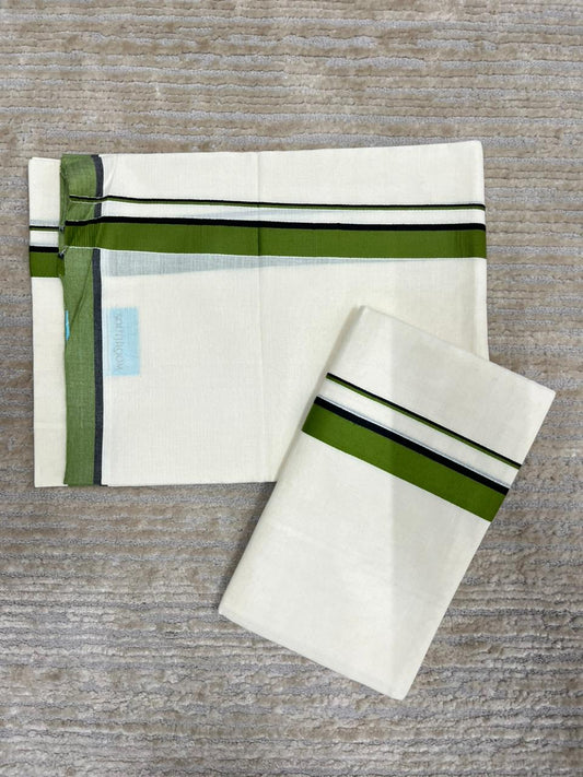 Southloom Pure Cotton Kerala Single Set Mundu (Mundum Neriyathum) Green Border 2.80 Mtr SL345
