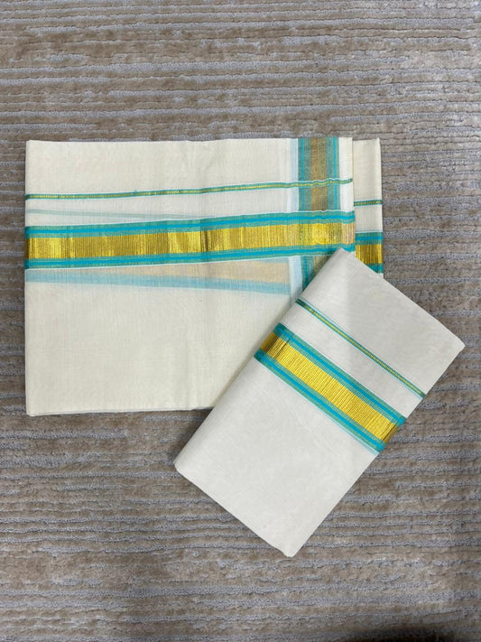 Southloom Pure Cotton Kerala Kasavu Set Mundu (Mundum Neriyathum) Gold Kasavu & Turquoise Border 2.80 Mtrs