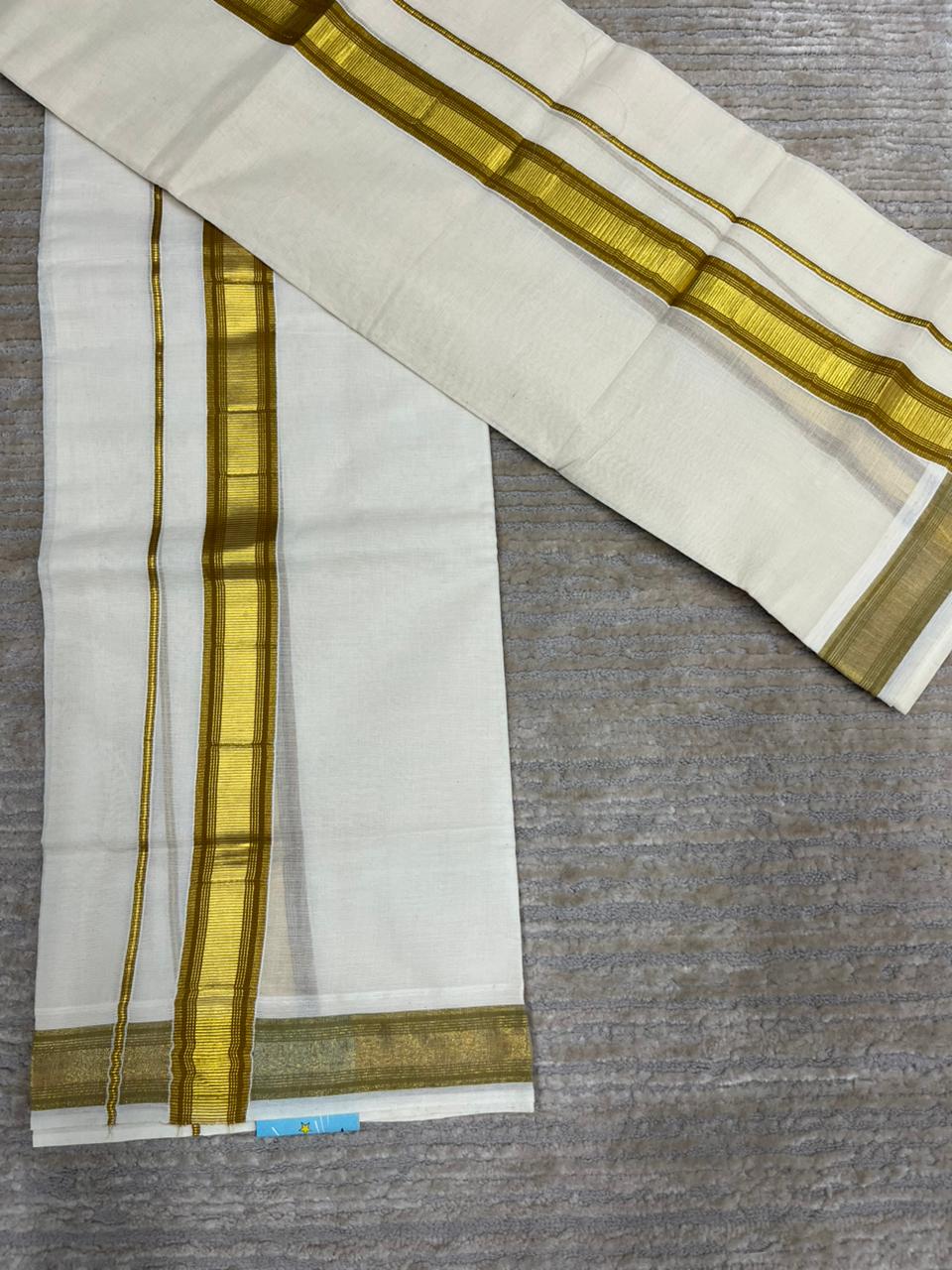 Southloom Pure Cotton Kerala Kasavu Set Mundu (Mundum Neriyathum) Gold Kasavu & Mustard Yellow Border 2.80 Mtrs