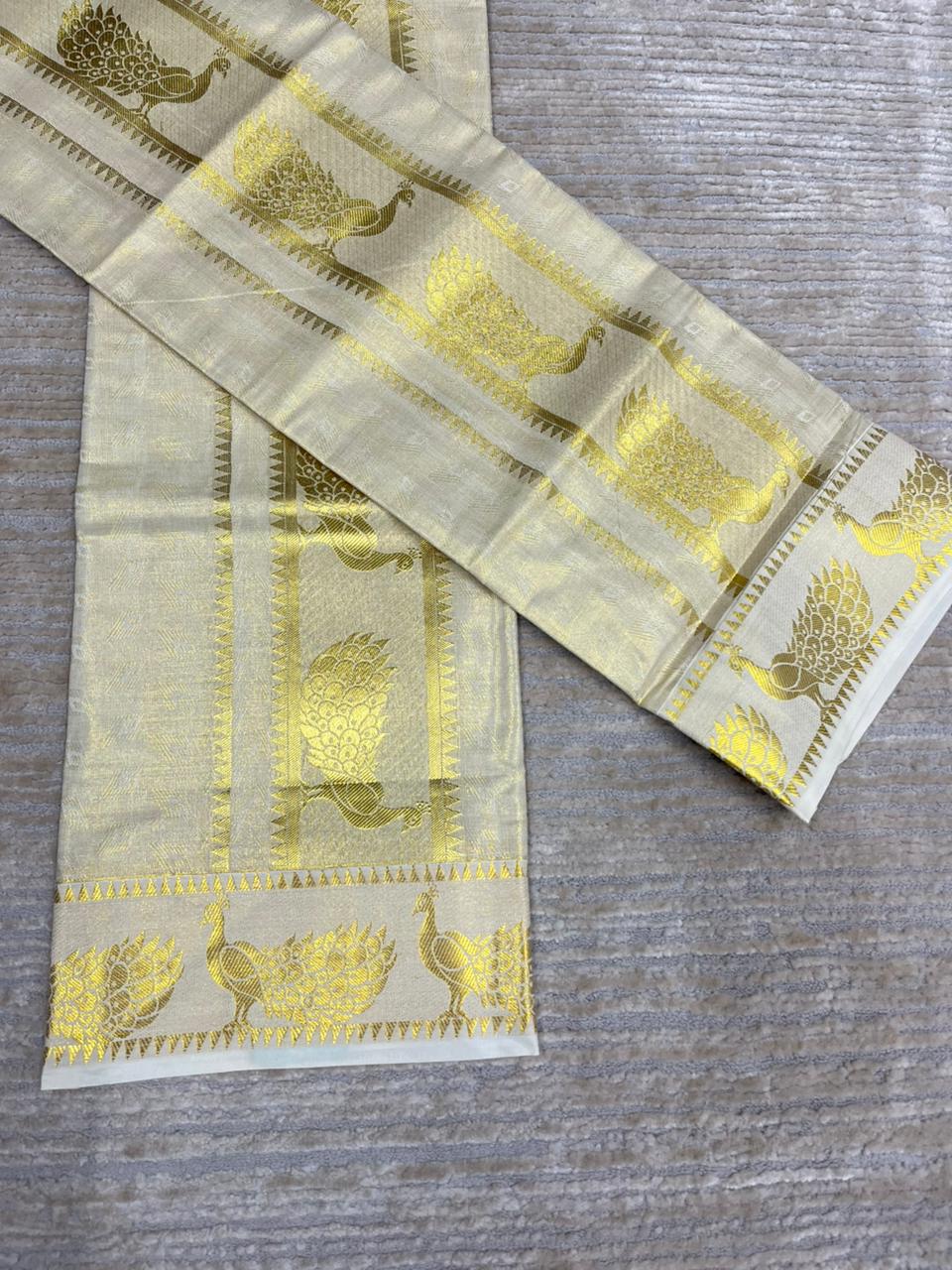 Kerala Tissue Single Set Mundu (Mundum Neriyathum) with Gold Peacock Design 2.80 Mtrs SL402 SL402