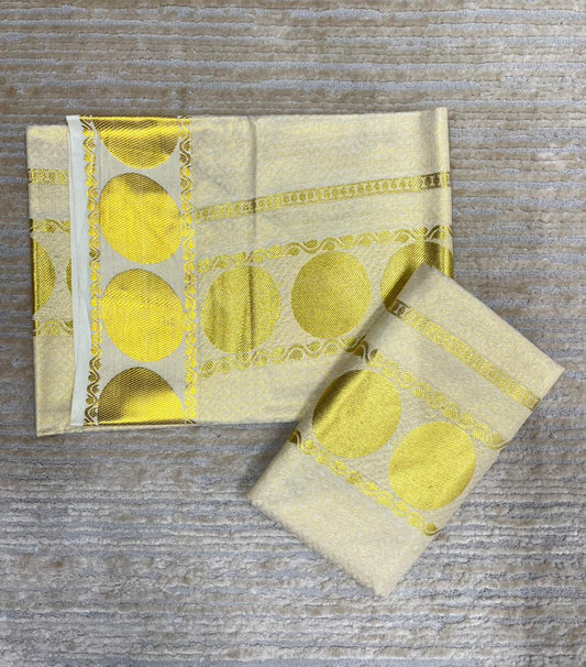 Kerala Tissue Single Set Mundu (Mundum Neriyathum) with Gold Big Polka Design 2.80 Mtrs SL402