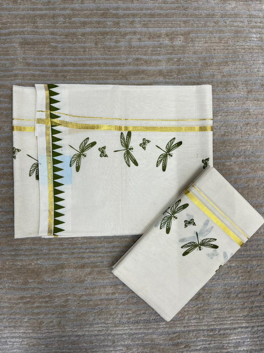 Southloom Kerala Cotton Single Set Mundu (Mundum Neriyathum) with Olive Green Thumbi Block Printed Design And Gold Kasavu 2.80 Mtrs SL151