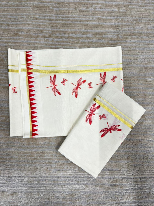 Southloom Kerala Cotton Single Set Mundu (Mundum Neriyathum) with Red Thumbi Block Printed Design And Gold Kasavu 2.80Mtrs SL151