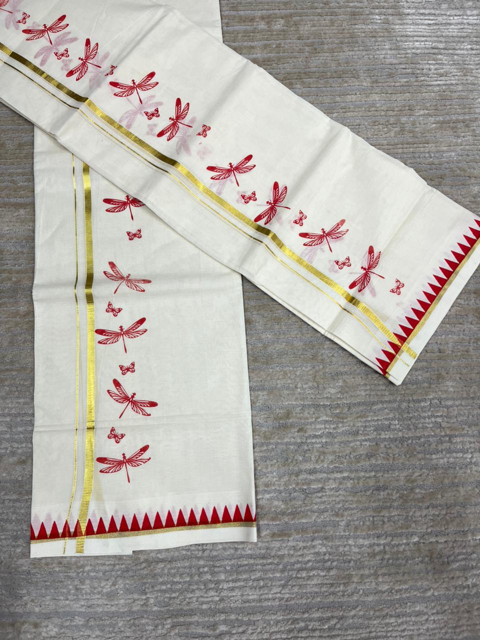 Southloom Kerala Cotton Single Set Mundu (Mundum Neriyathum) with Red Thumbi Block Printed Design And Gold Kasavu 2.80Mtrs SL151