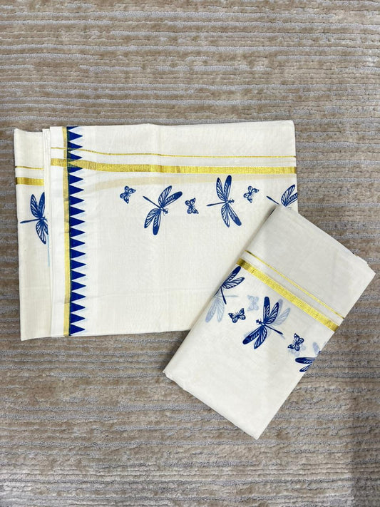Southloom Kerala Cotton Single Set Mundu (Mundum Neriyathum) with Blue Thumbi Block Printed Design And Gold Kasavu 2.80Mtrs SL151