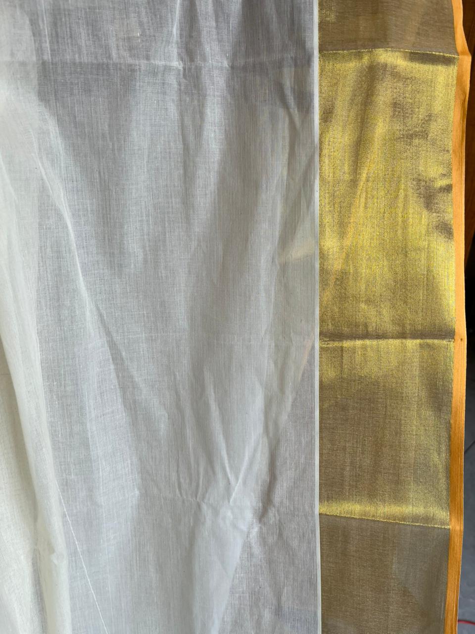 Kerala Kasavu Saree With Balaramapuram Style Orange 4x4 Border SL303