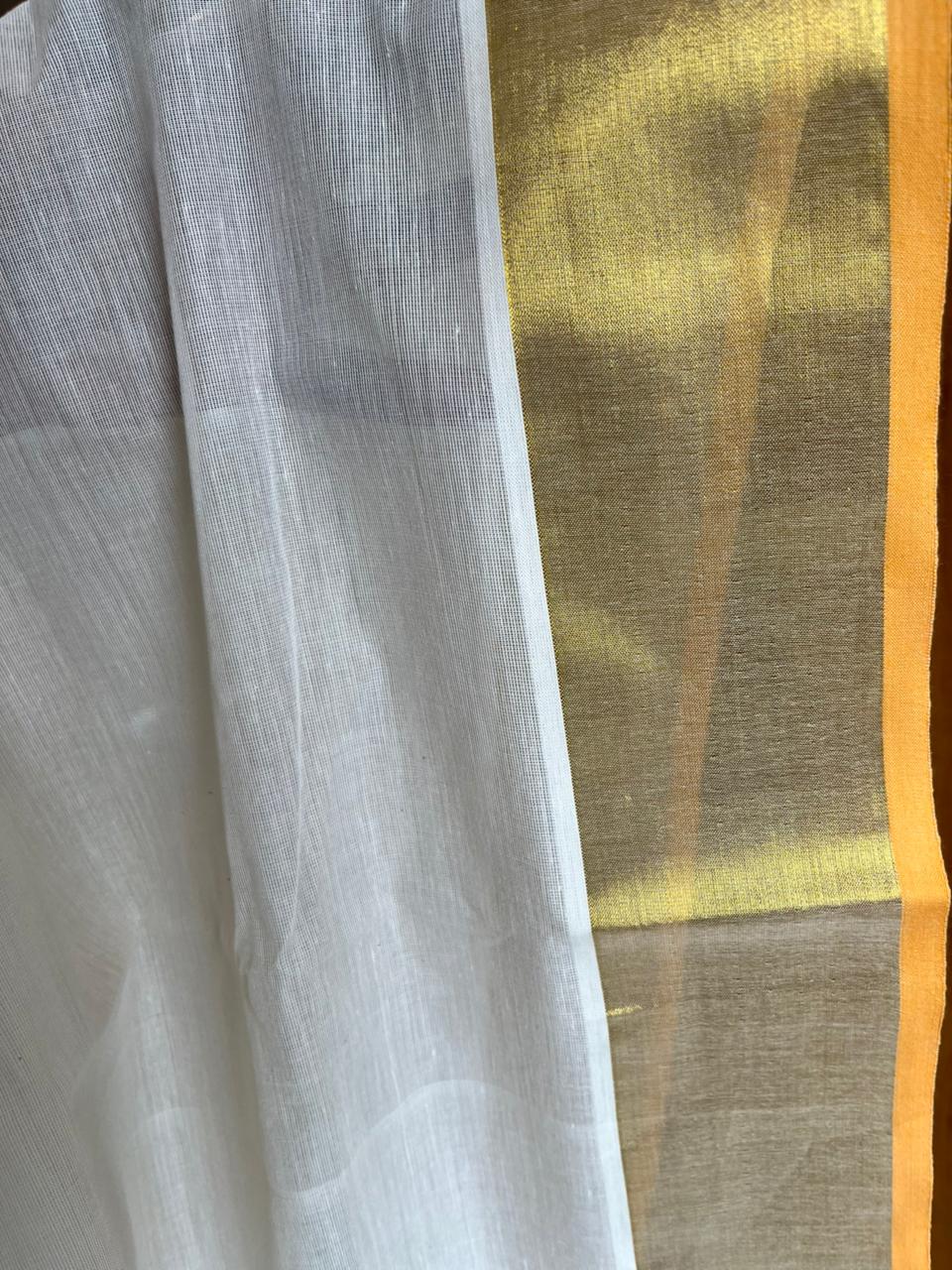 Kerala Kasavu Saree With Balaramapuram Style Orange 3x3 Border SL303