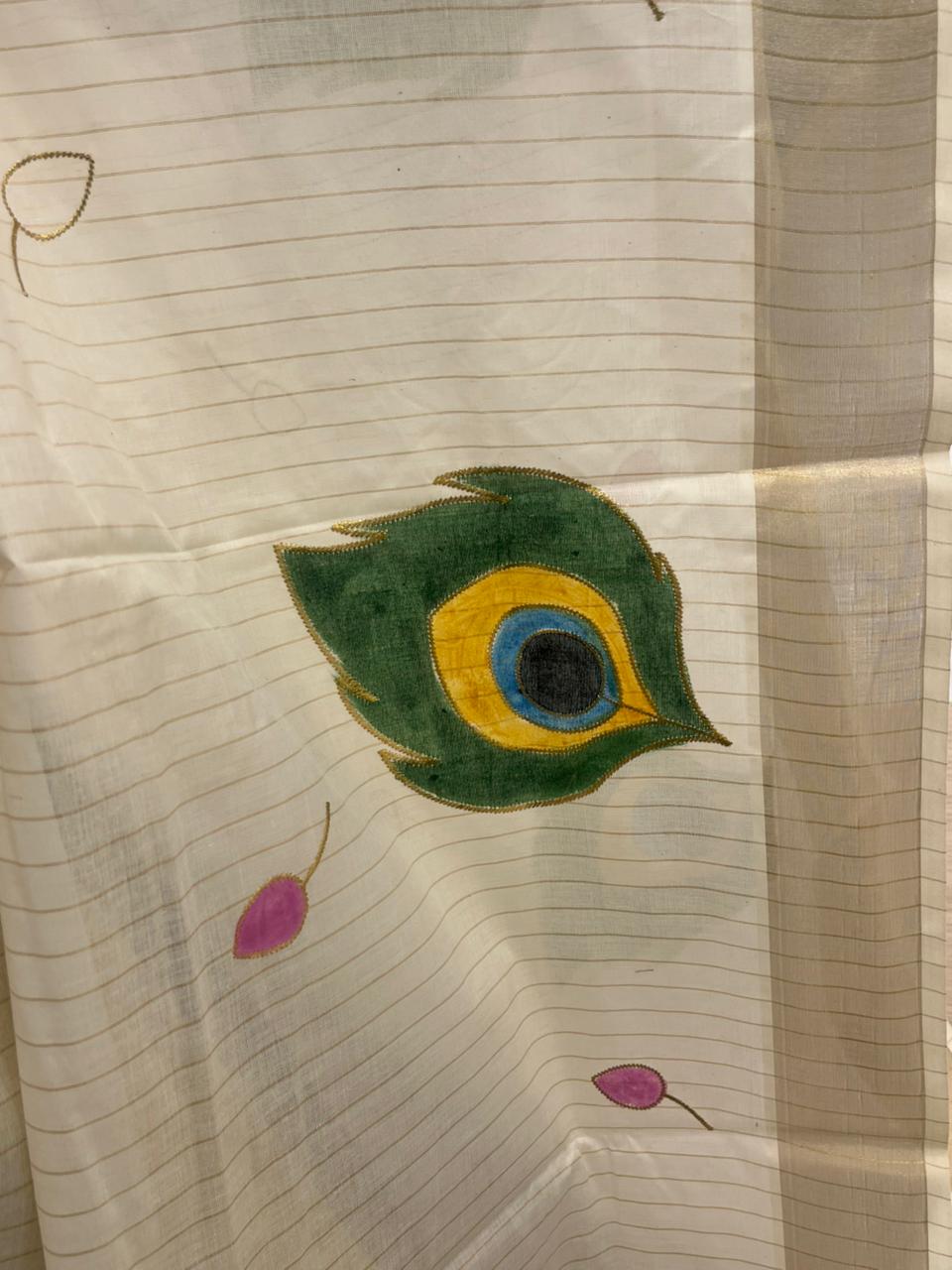 Kerala Cotton Krishna Handpainted Lines Saree With Embroidery SL305