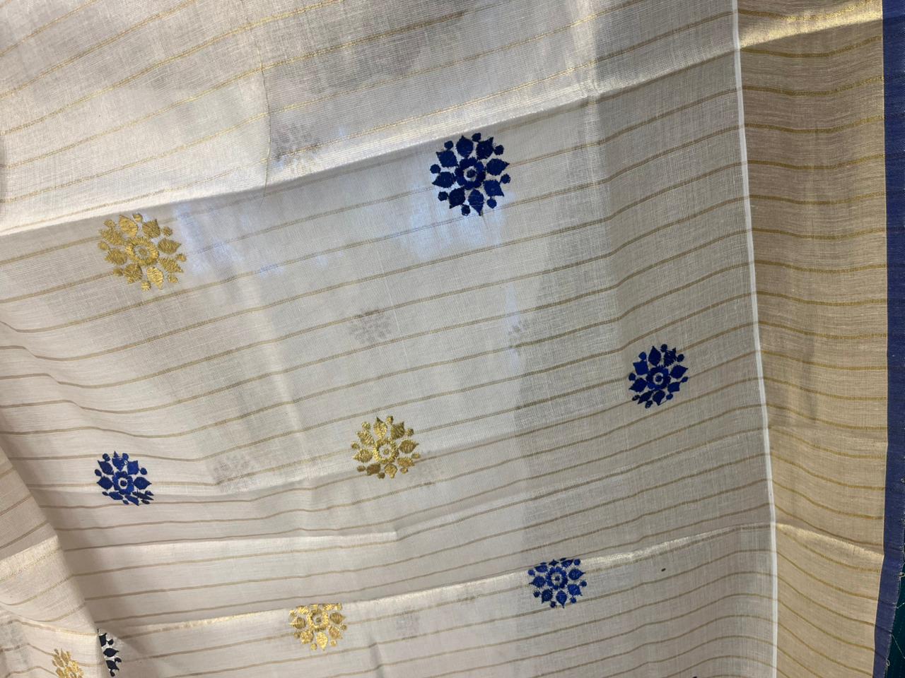 Kerala Tissue Lines Saree With Floral Embroidery Work on The Body SL312
