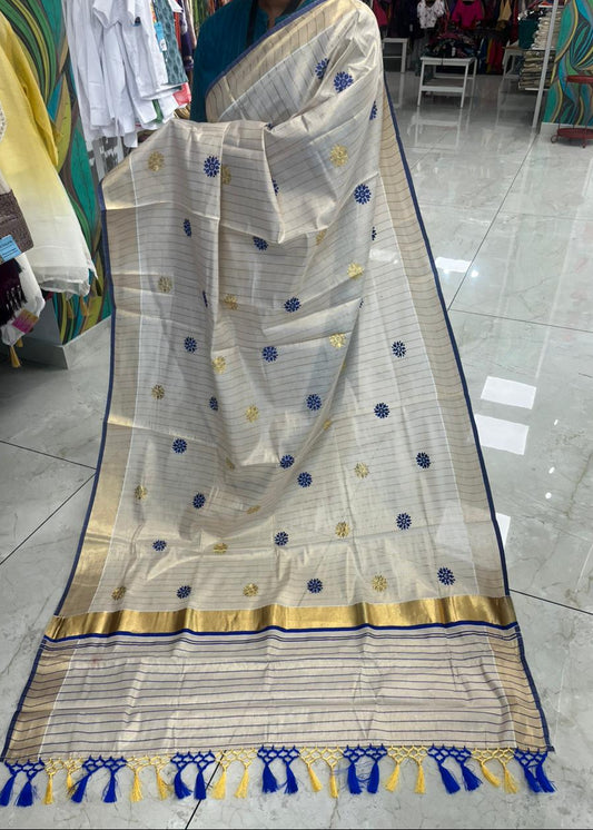 Kerala Tissue Lines Saree With Floral Embroidery Work on The Body SL312