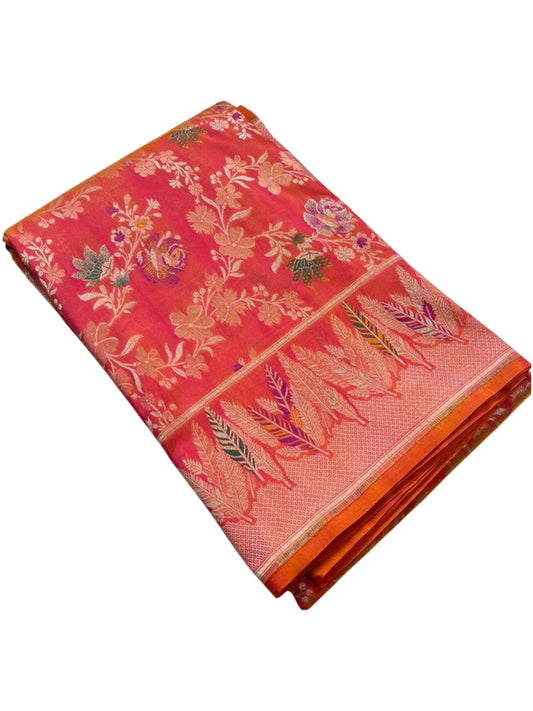 Southloom Pure Banarasi Silk Saree with Woven Work on Body and Borders (Pink & Orange)